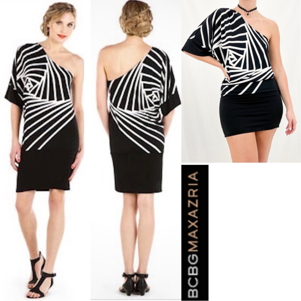 BCBGMaxAzria Geometric Blouson Jersey Mini Dress Kimono - Black/White Size L